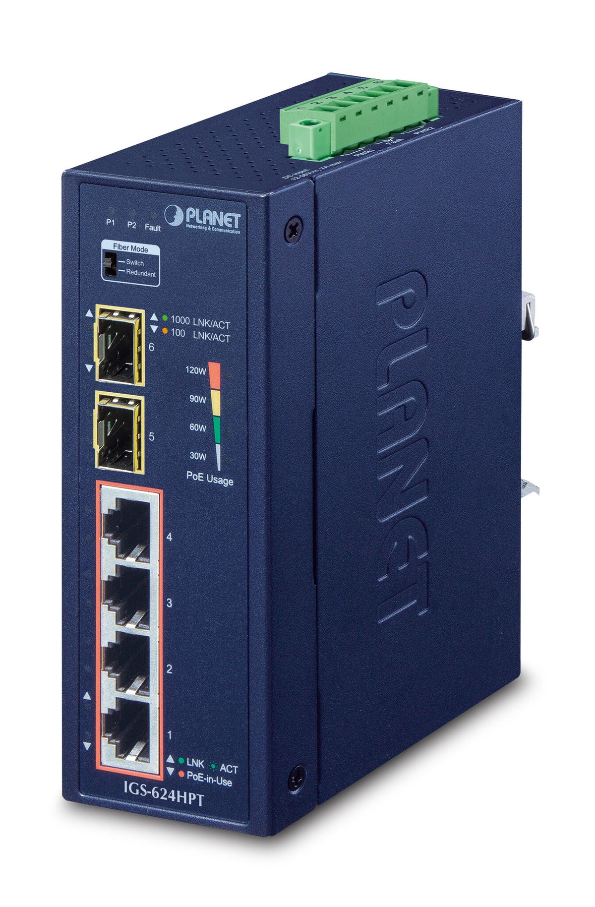 PLANET IGS-624HPT network switch, Unmanaged, 4-port, Power over Ethernet (PoE), blue