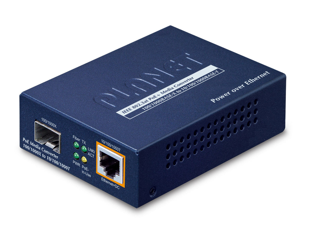 PLANET IEEE802.3af/at PoE 10/100/1000 media converter, 1000 Mbit/s, blue