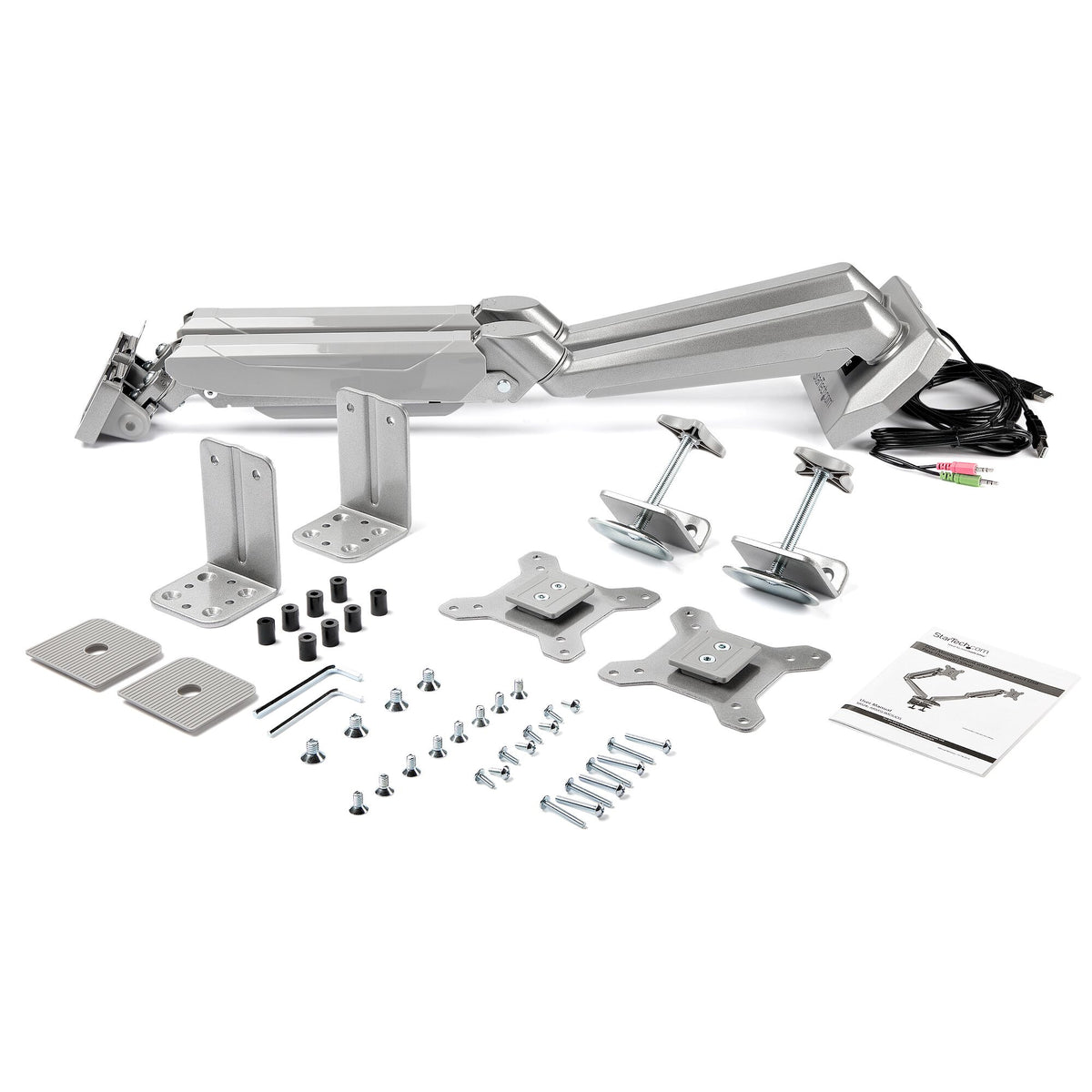 StarTech.com Desk Mount Dual Monitor Arm with USB & Audio, Desk Clamp VESA Mount for up to 32" (17.6lb/8kg) Displays, Ergonomic Full Motion Dual Monitor Arm - Silver
