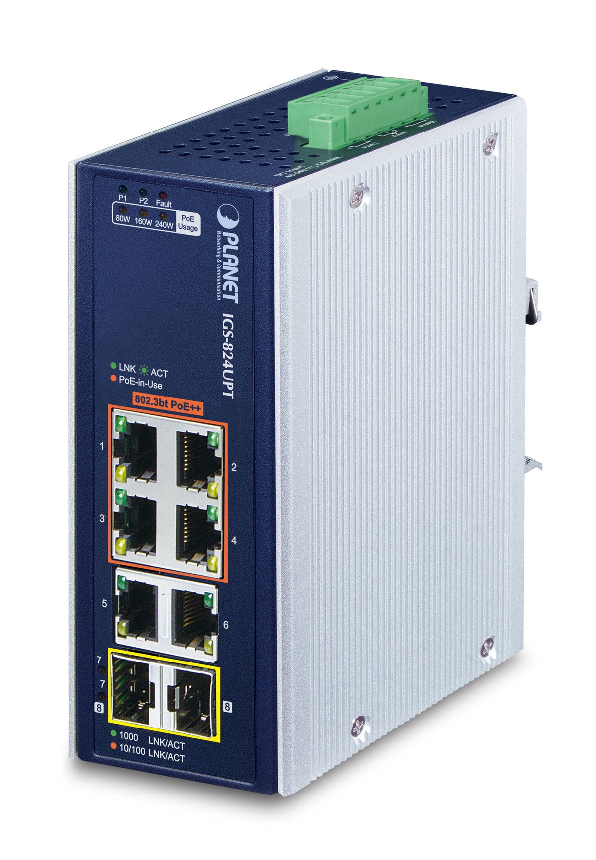 PLANET IP30 Industrial 4-Port network switch, Unmanaged, 6-port, Power over Ethernet (PoE), blue and white