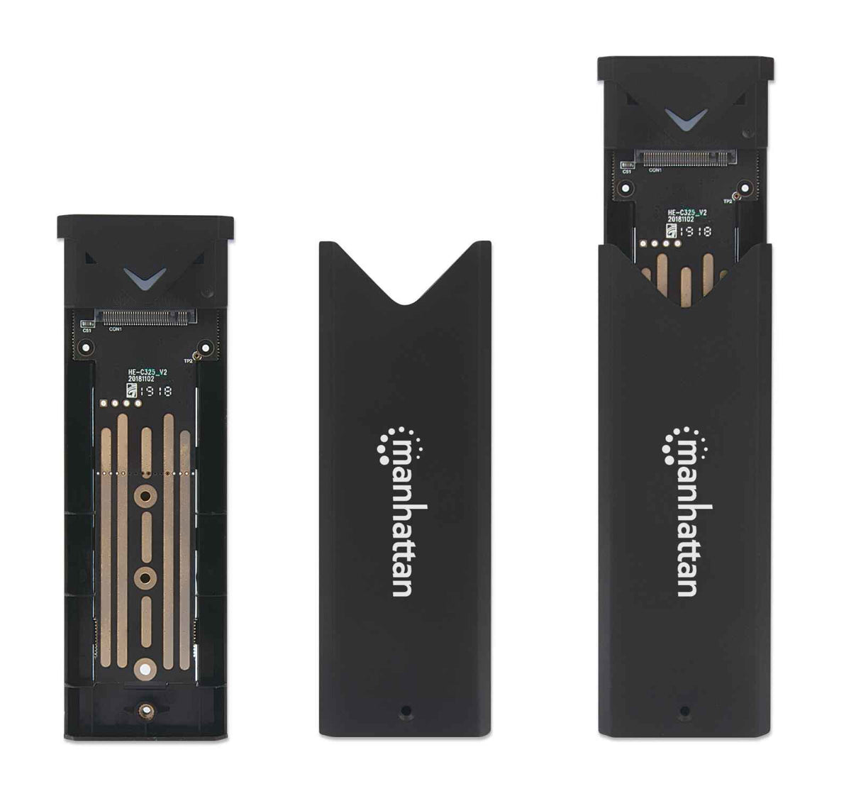 Manhattan M.2 NVMe SSD Enclosure, USB-C Female Connection, 10 Gbps (USB 3.2 Gen2 aka USB 3.1), UASP-compliant, SuperSpeed+ USB, Aluminum, Black, Three Year Warranty, Box