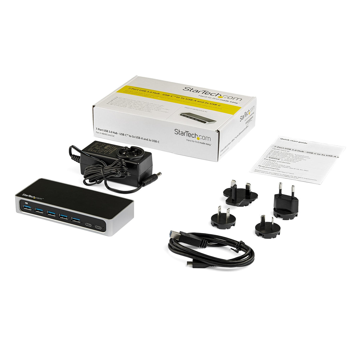 StarTech.com 7 Port USB C Hub with Fast Charge Port - USB-C to 5x USB-A 2x USB-C (USB 3.0 SuperSpeed 5Gbps) - Self Powered USB 3.2 Gen 1 Type-C Hub w/ Power Adapter - Desktop/Laptop Hub