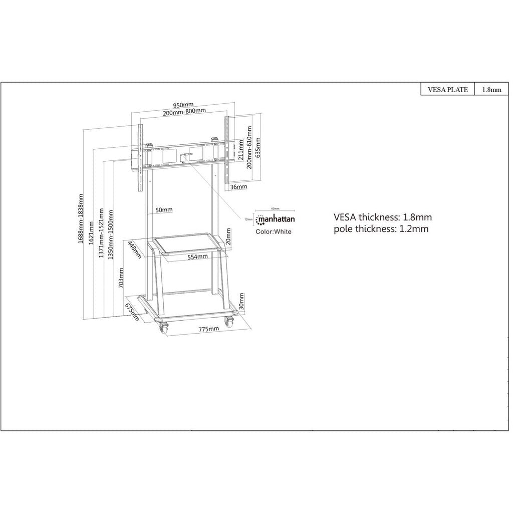 Manhattan Trolley Mount Stand for TV & Monitors, For screens 37" to 100", VESA compatibility: all between 200x200 to 800x600mm - check the dimensions of the four mounting holes on back of screen to ensure it fits, Max 150kg, Black, LFD, Stand, Bracket