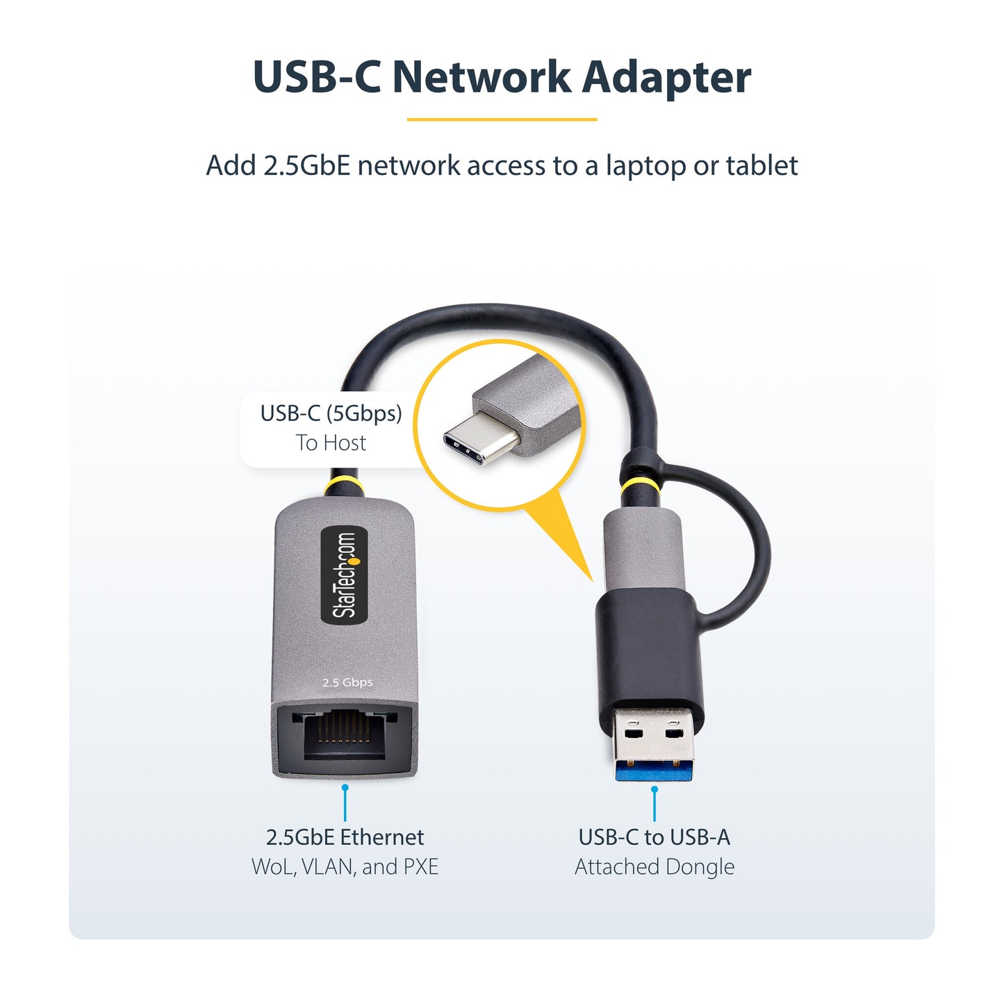 StarTech.com 2.5GbE USB-C to Ethernet Adapter with USB-A Converter, NBASE-T NIC, USB 3.0 Type-C 2.5/1G Multi Speed Network, Thunderbolt Compatible, Windows & Mac