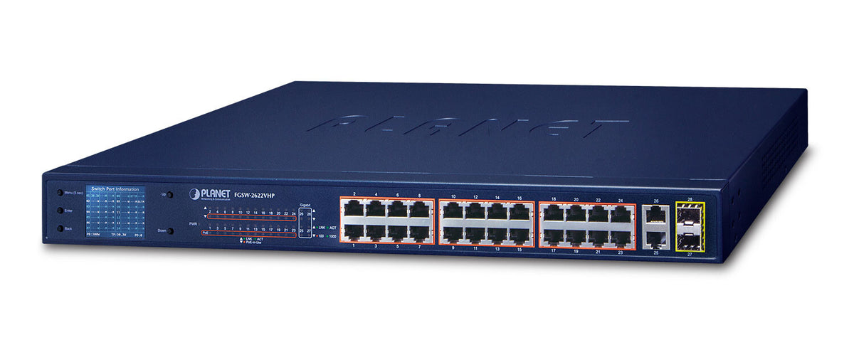 PLANET FGSW-2622VHP network switch, Unmanaged, 24-port, Power over Ethernet (PoE), blue