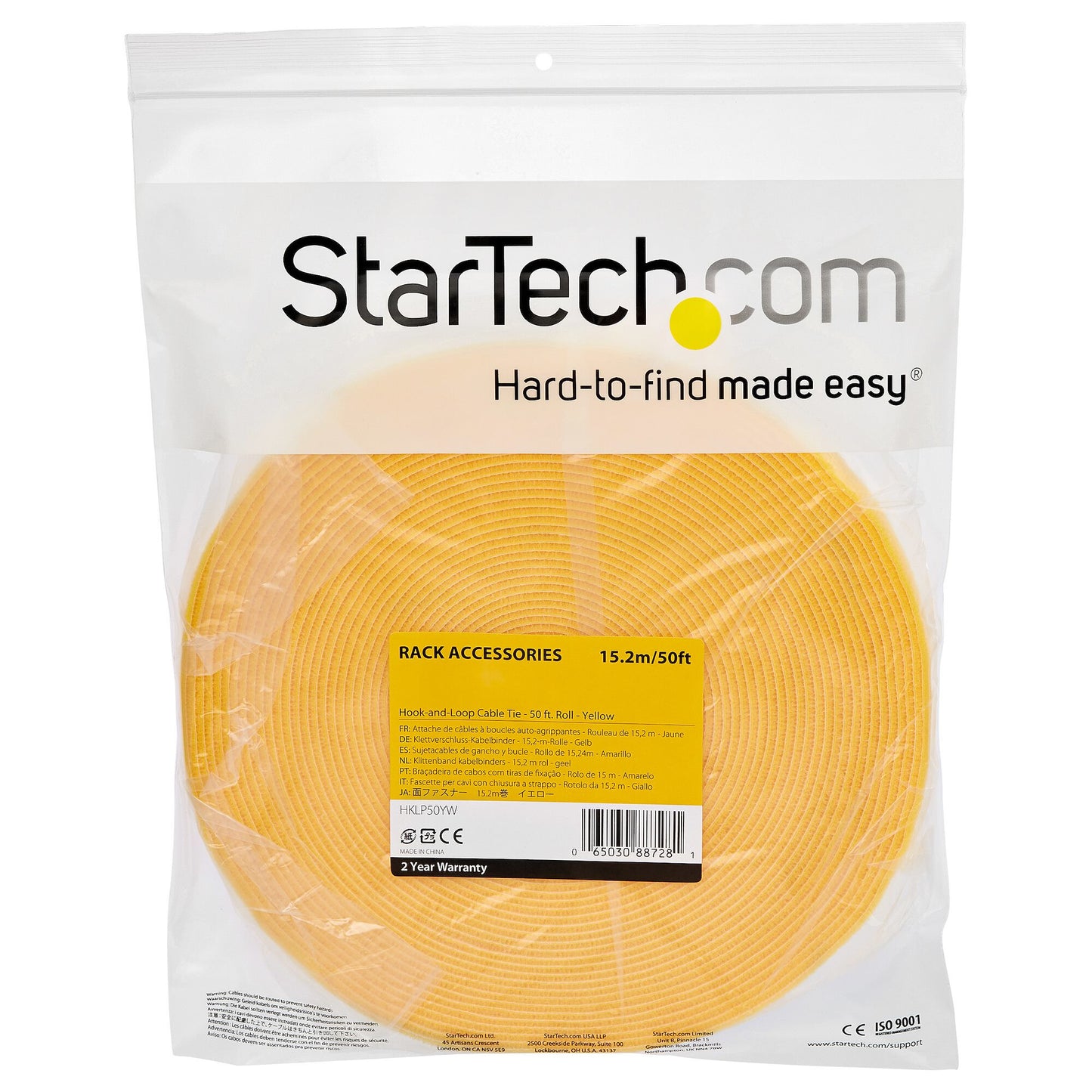 StarTech.com 25ft Hook and Loop Roll - Cut-to-Size Reusable Cable Ties - Bulk Industrial Wire Fastener Tape /Adjustable Fabric Wraps Yellow / Resuable Self Gripping Cable Management Straps