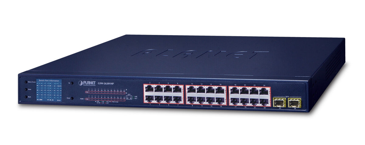 PLANET GSW-2620VHP network switch, Unmanaged, 24-port, Power over Ethernet (PoE), blue