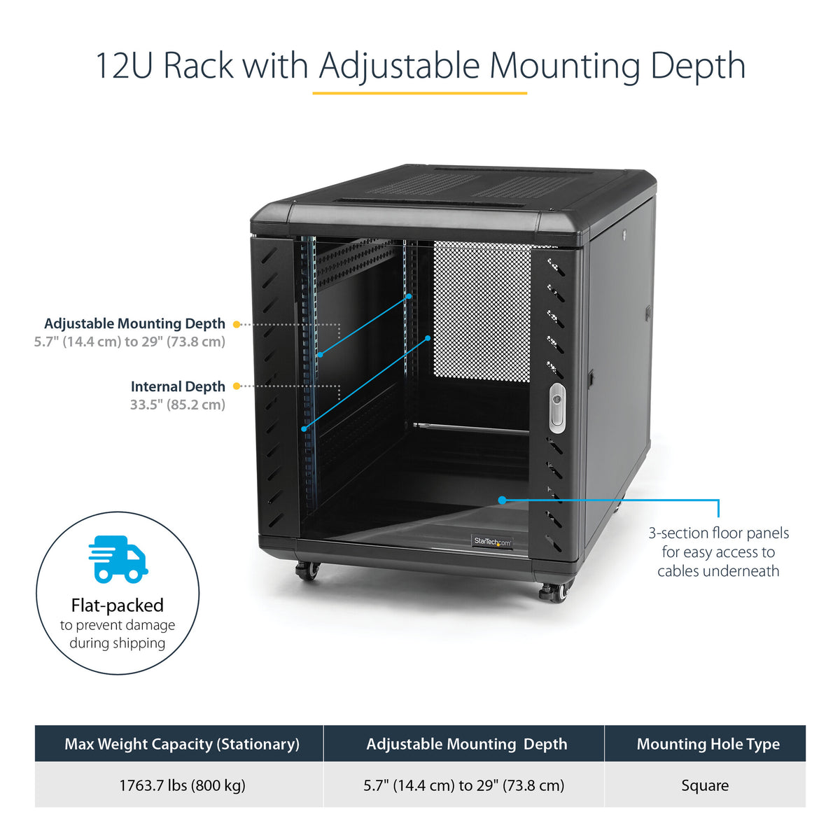 StarTech.com 12U Enterprise-Grade Flat Pack Server Rack Cabinet, 19in Enclosed 4-Post Rack with 29in (75cm) Mounting Depth and 1764lb (800kg) Weight Capacity