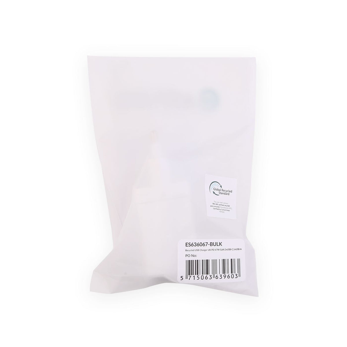 eSTUFF Home Charger USB-C PD 67W GaN UK Plug - White - 100% Recycled Plastic