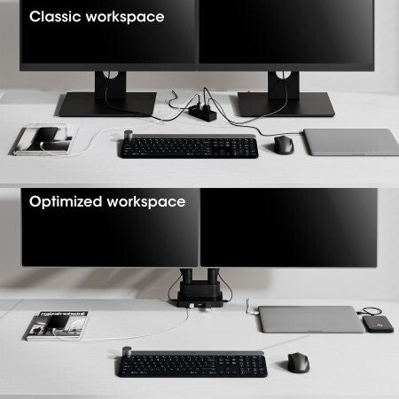 Manhattan Dual Desk Mount for TV & Monitors (Full Motion Gas Spring) with built-in Dock, For screens to 27", Ports (x7): Ethernet,HDMI (x2),USB-A (x3) and USB-C,Power Delivery (100W) to USB-C Port (Separate USB-C wall charger/cable needed),VESA: 75x75 and