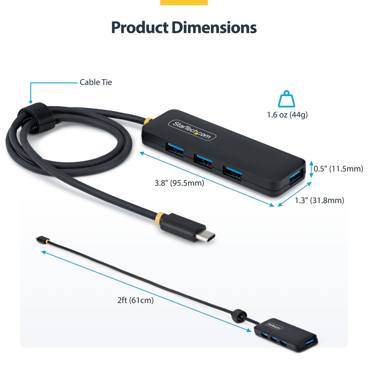 StarTech.com 4-Port USB-C Hub, 5Gbps, Bus Powered, USB-C to 4x USB-A Mini Hub, Extra Long 2ft/61cm Host Cable, PCR Plastic, Portable Desktop / Laptop USB Hub