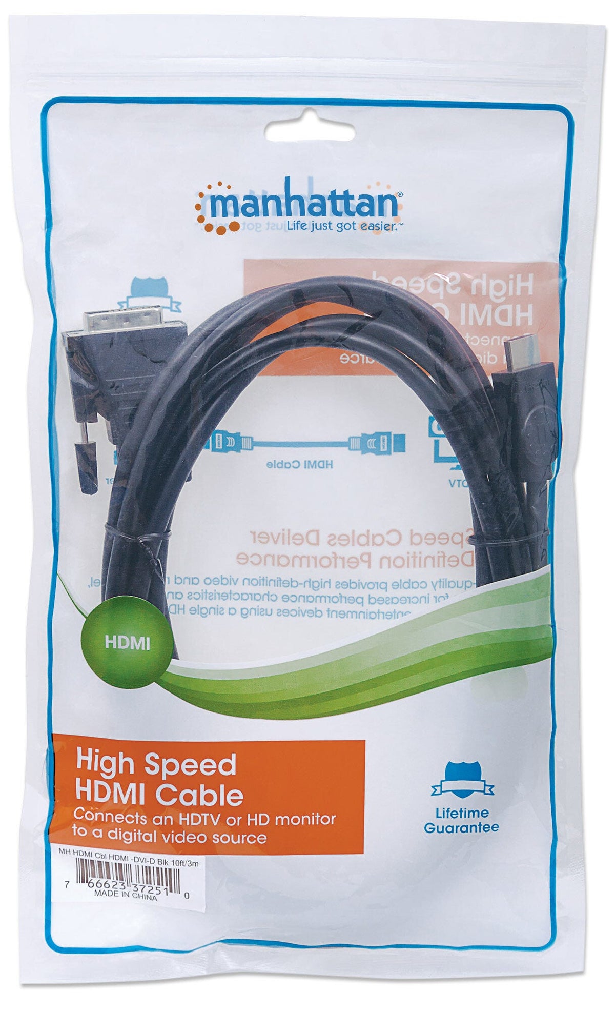 Manhattan HDMI to DVI-D 24+1 Cable, 3m, Black, Lifetime Warranty, Equivalent to HDDVIMM3M