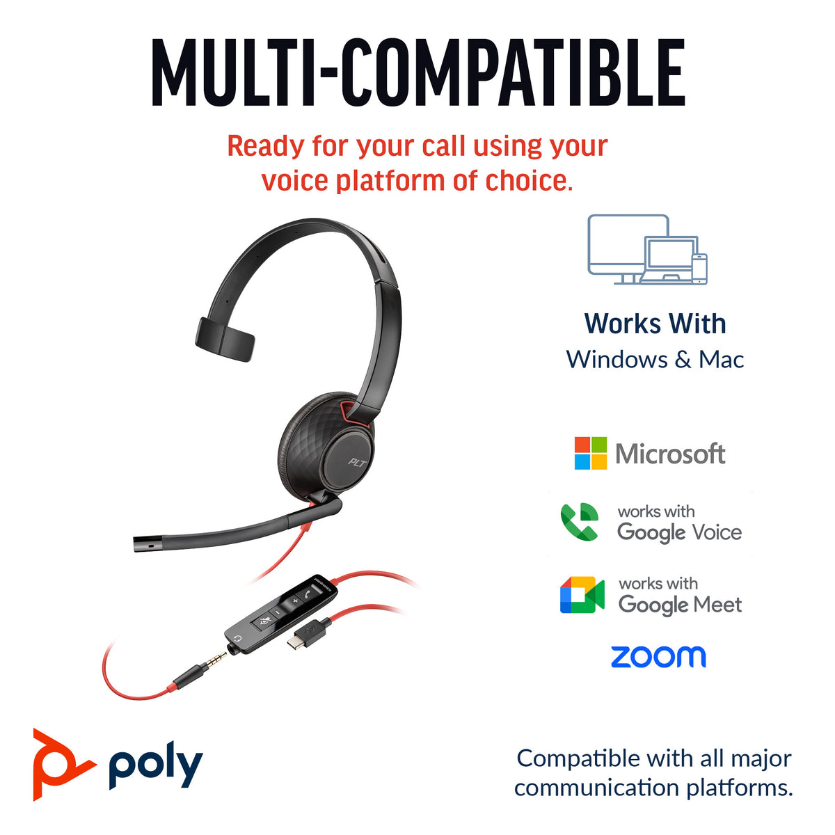 HP Poly Blackwire 5210 Monaural USB-C Headset +3.5mm Plug +USB-C/A Adapter (Bulk)