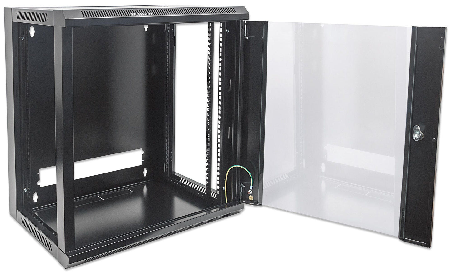 Intellinet 19" Network Cabinet - Wall Mount (Standard), 12U, 450mm Deep, Black, Flatpack, Max 60kg, Suitable also for use on desk or floor, Usable Depth 270mm to 350mm, Metal & Glass Door, Back Panel, Removeable Sides,Parts for wall installation not inclu