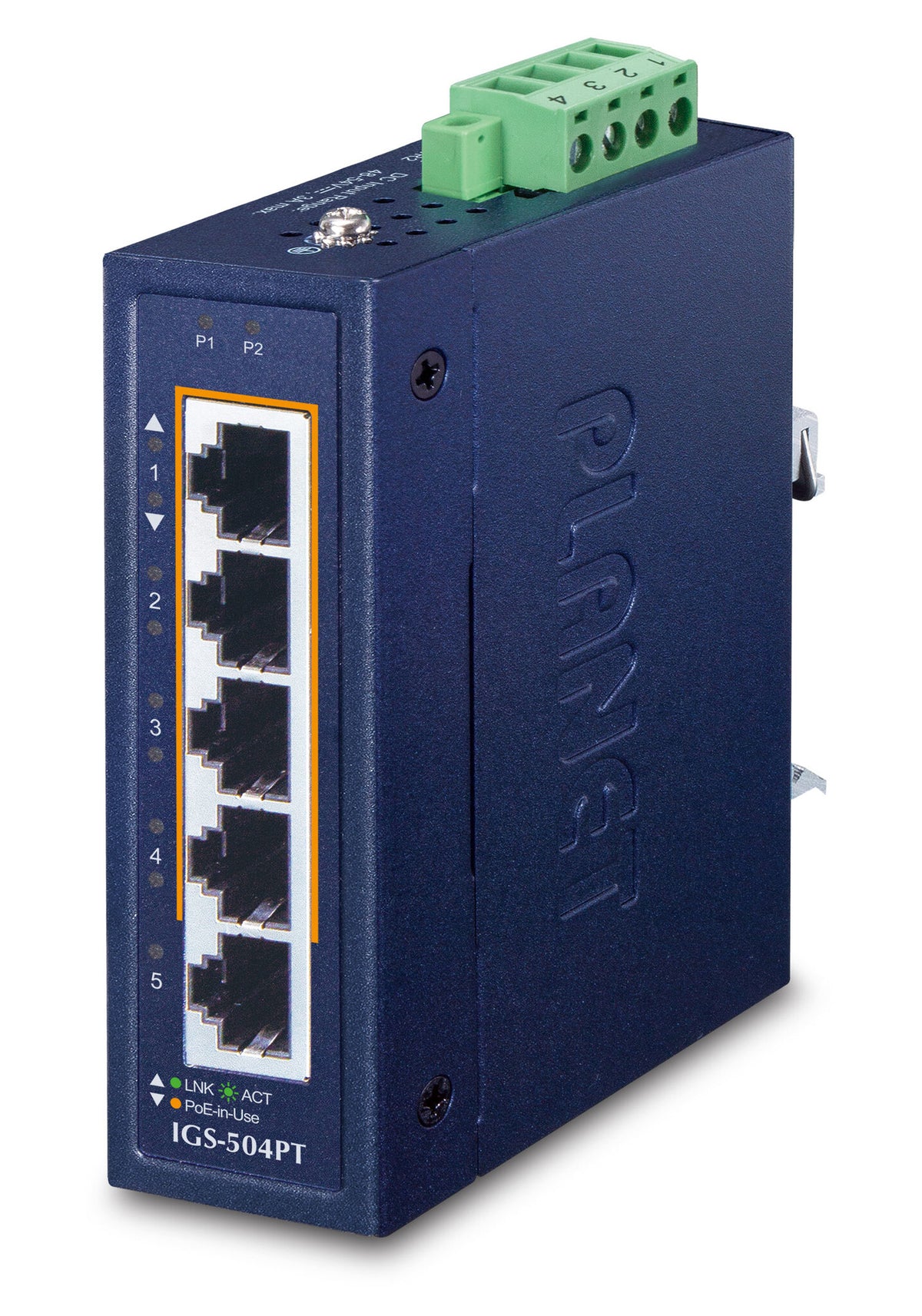 PLANET 10/100/1000T 802.3at PoE + network switch, Unmanaged, 5-port, blue