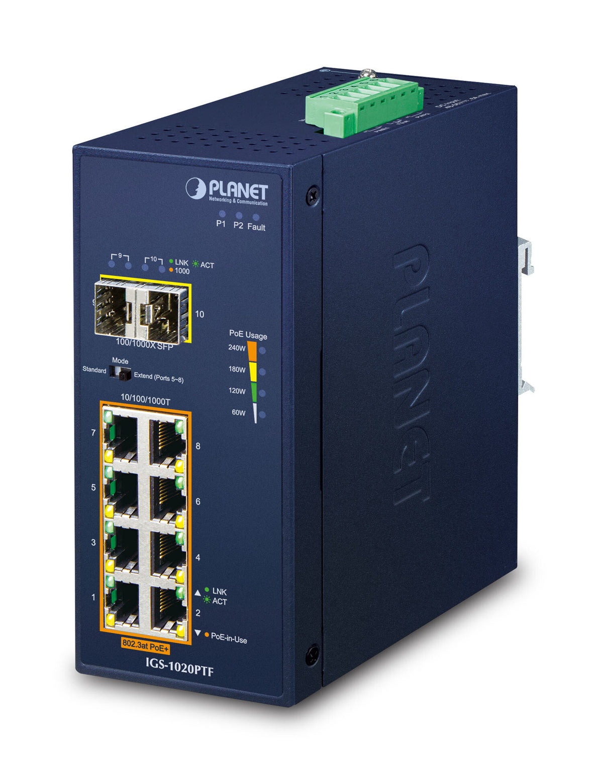 PLANET IP30 Ind 8-P 10/100/1000T network switch, Unmanaged, 8-port, Power over Ethernet (PoE), blue