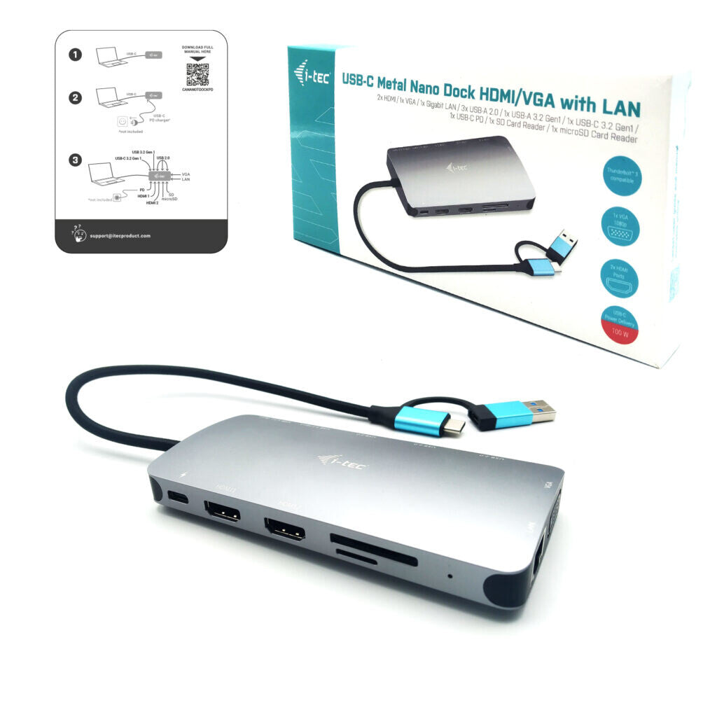 i-tec USB 3.0 USB-C/Thunderbolt 3x Display Metal Nano Dock with LAN + Power Delivery 100 W
