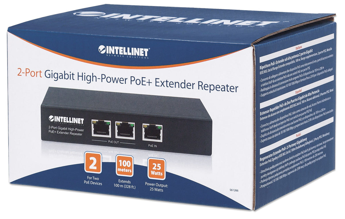 Intellinet 2-Port Gigabit High-Power PoE+ Extender Repeater, IEEE 802.3at/af Power over Ethernet (PoE+/PoE), metal