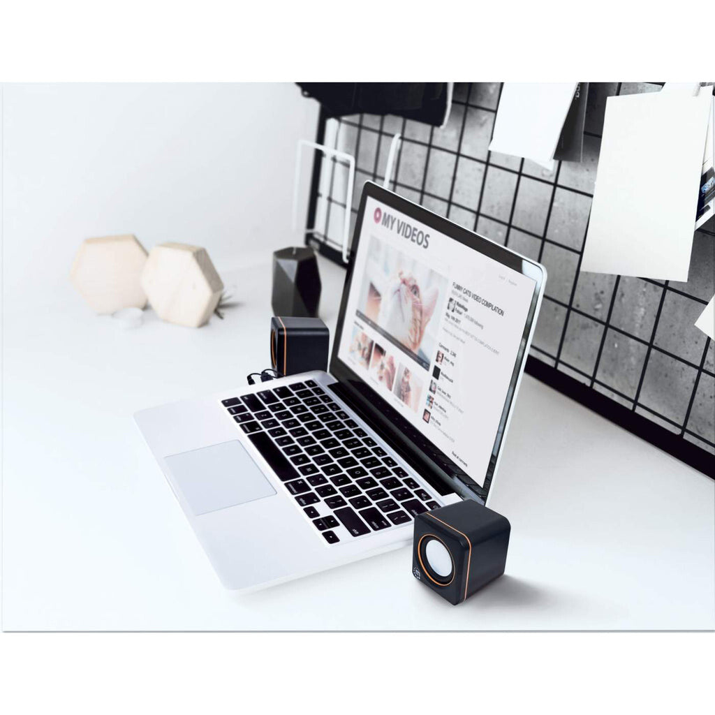 Manhattan 2600 Series Speaker System, Small Size, Big Sound, Two Speakers, Stereo, USB power, Output: 2x 3W, 3.5mm plug for sound, In-Line volume control, Cable 0.9m, Black, Three Year Warranty