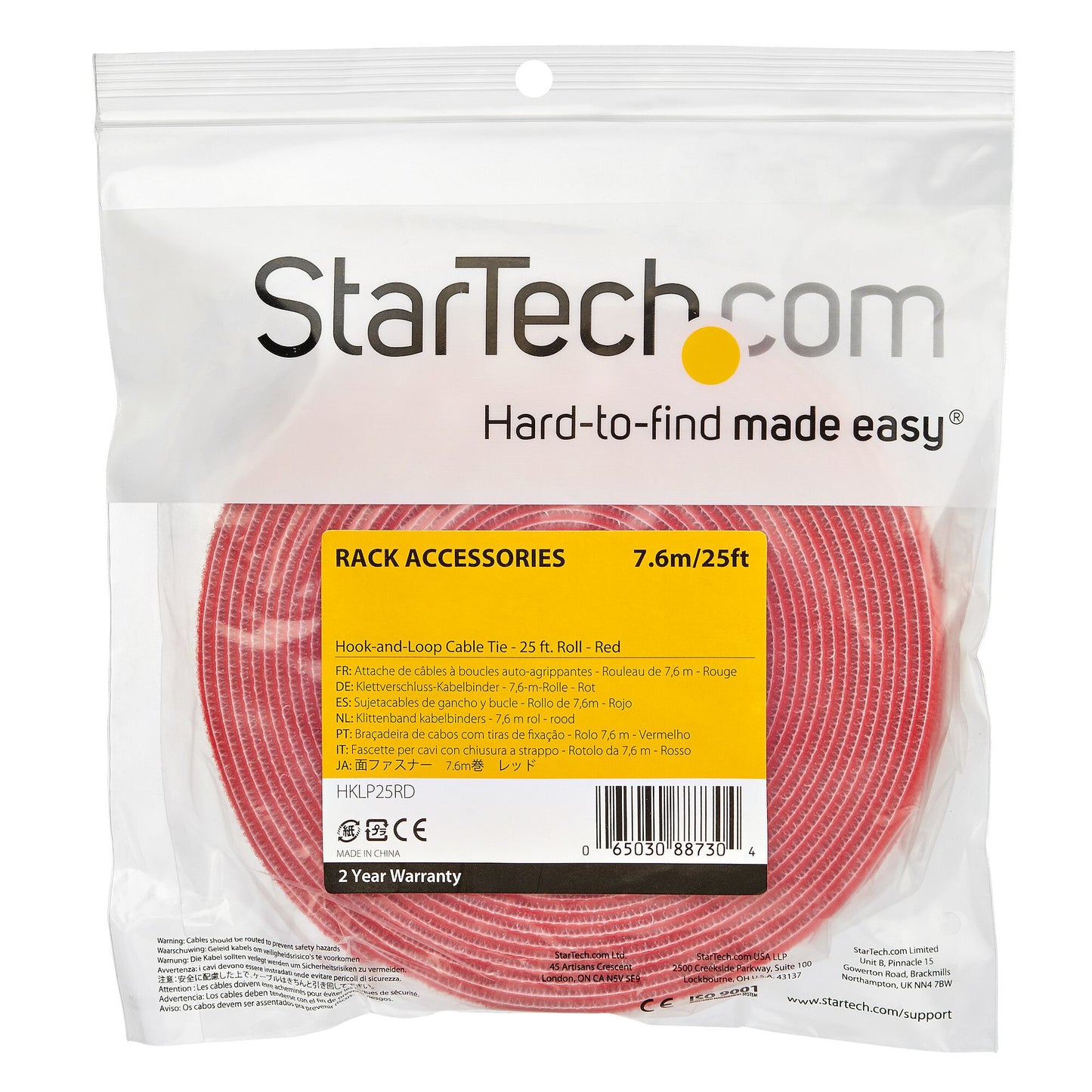StarTech.com 25ft (7.6m) Hook and Loop Roll, Red, Cut-to-Size Reusable Cable Ties, Bulk Industrial Wire Fastener Tape, Adjustable Fabric Wraps, Reusable Self Gripping Cable Management Straps
