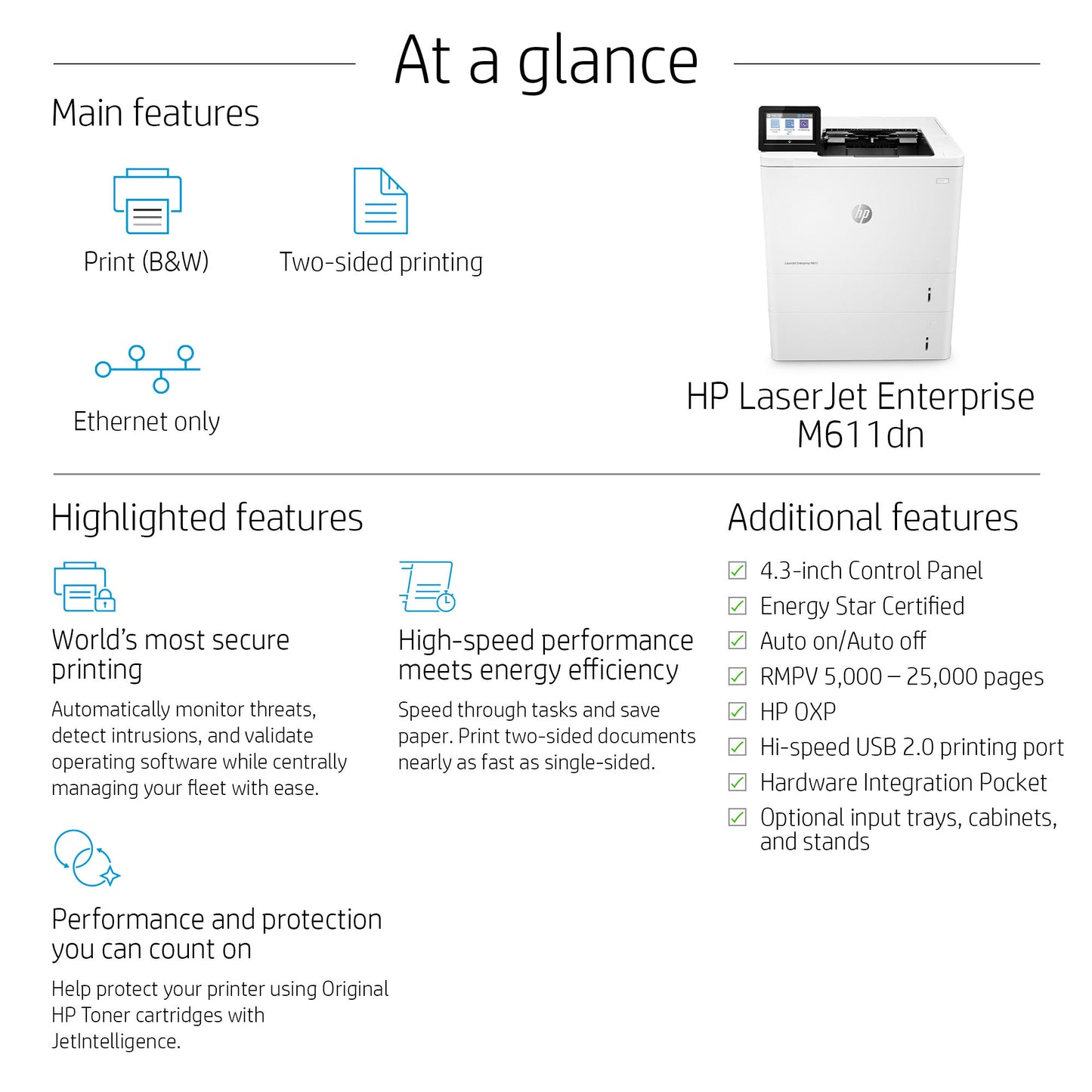HP LaserJet Enterprise M611dn Black and white Printer, Ethernet Only; Duplex