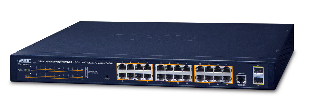 PLANET GS-4210-24P2S network switch, Managed, 24-port, Power over Ethernet (PoE), blue