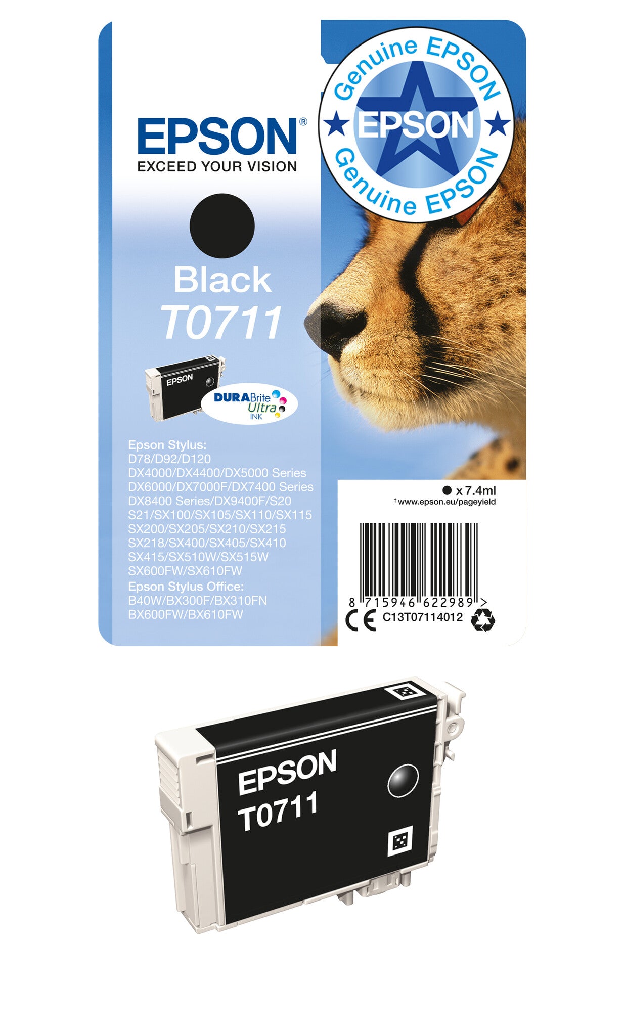 Epson Cheetah Singlepack Black T0711 DURABrite Ultra Ink