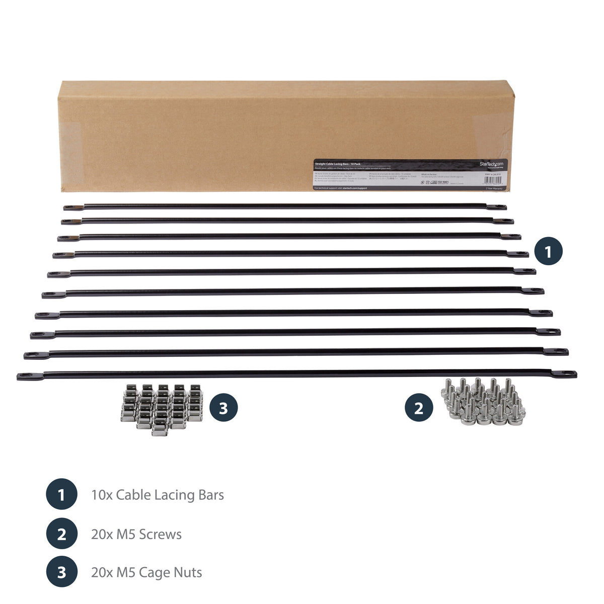 StarTech.com 10-Pack Horizontal Lacing Bar, Server Rack Cable Management, 19" Network Rack-Mount Cord Organizer, TAA