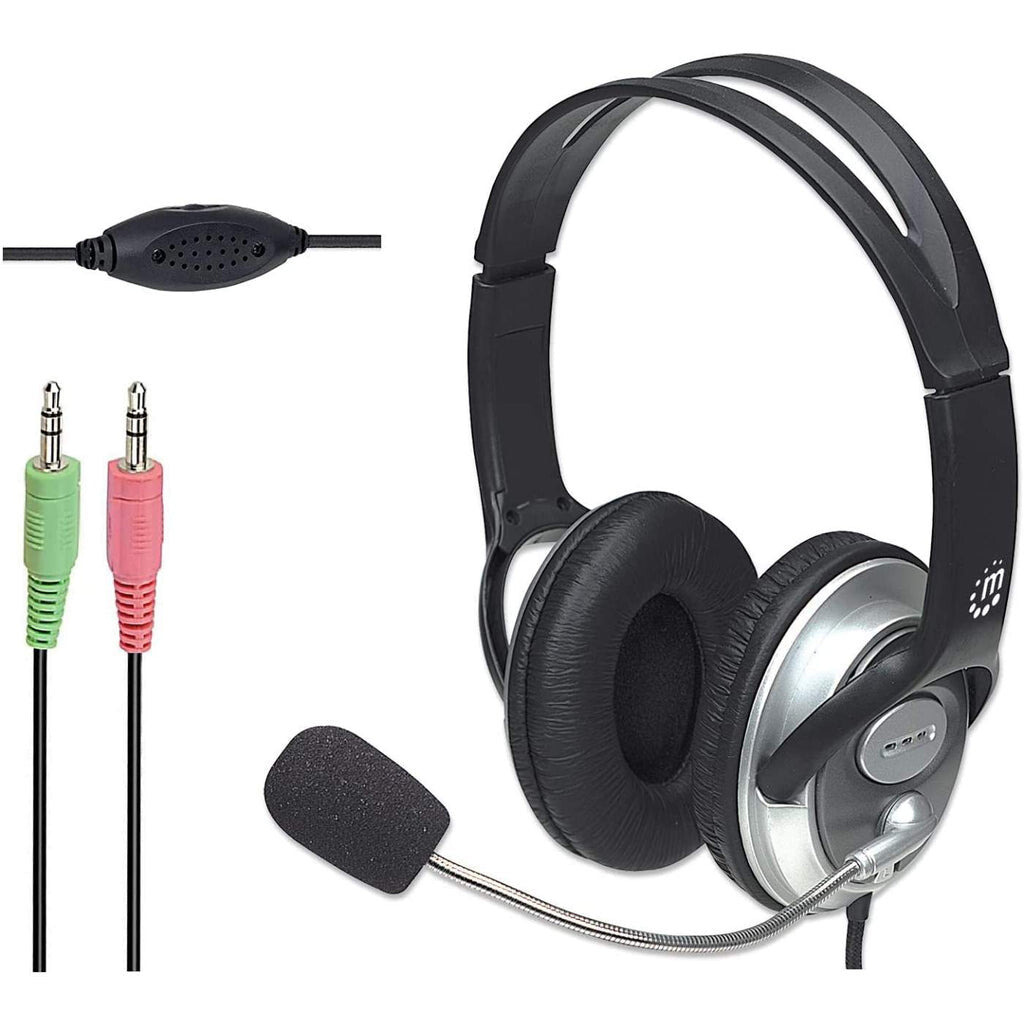 Manhattan Stereo Over-Ear Headset (3.5mm), Microphone Boom (padded), Adjustable Steel Headband, In-Line Volume Control, Ear Cushions, Std 2x 3.5mm stereo jack/plug for audio/mic use, cable 2.5m, 3 Year Warranty
