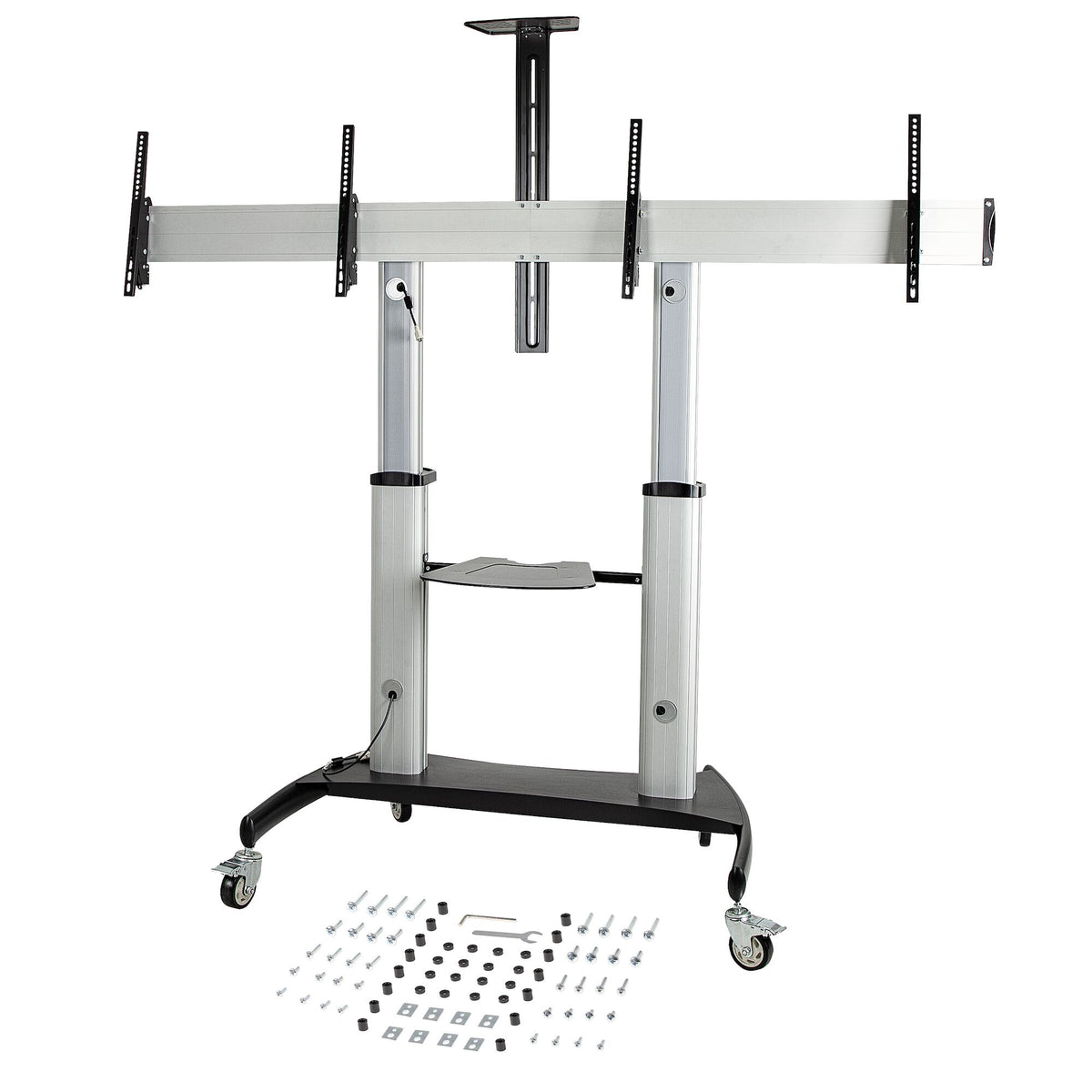 StarTech.com Dual TV Cart for 37-60in VESA TVs up to 110lb/50kg each - Height Adjustable TV Mount, Mobile Display Cart w/ Equipment Shelves - Rolling TV Cart on Wheels - Rolling TV Stand