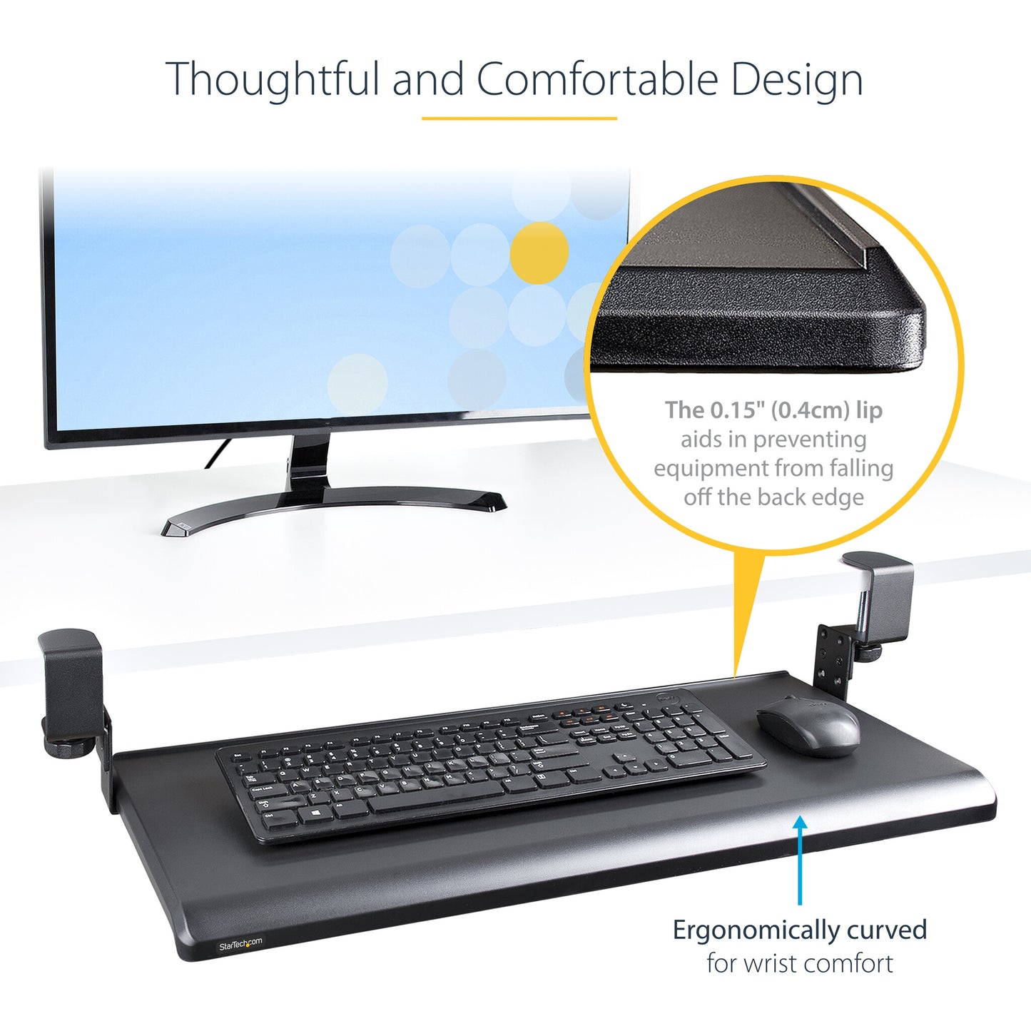 StarTech.com Under-Desk Keyboard Tray, Clamp-on Ergonomic Keyboard Holder, Up to 12kg (26.5lb), Sliding Keyboard and Mouse Drawer with C-Clamps, Height Adjustable Keyboard Tray (3.9/4.7/5.5 in) - TAA