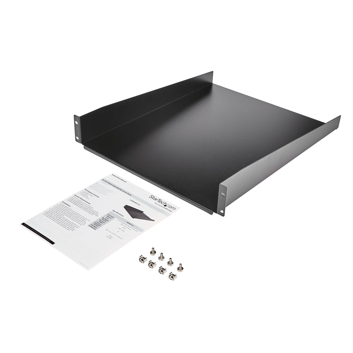 StarTech.com 2U Server Rack Shelf - Universal Rack Mount Cantilever Shelf for 19" Network Equipment Rack & Cabinet - Heavy Duty Steel – Weight Capacity 50lb/23kg - 22" Deep Tray, Black - TAA