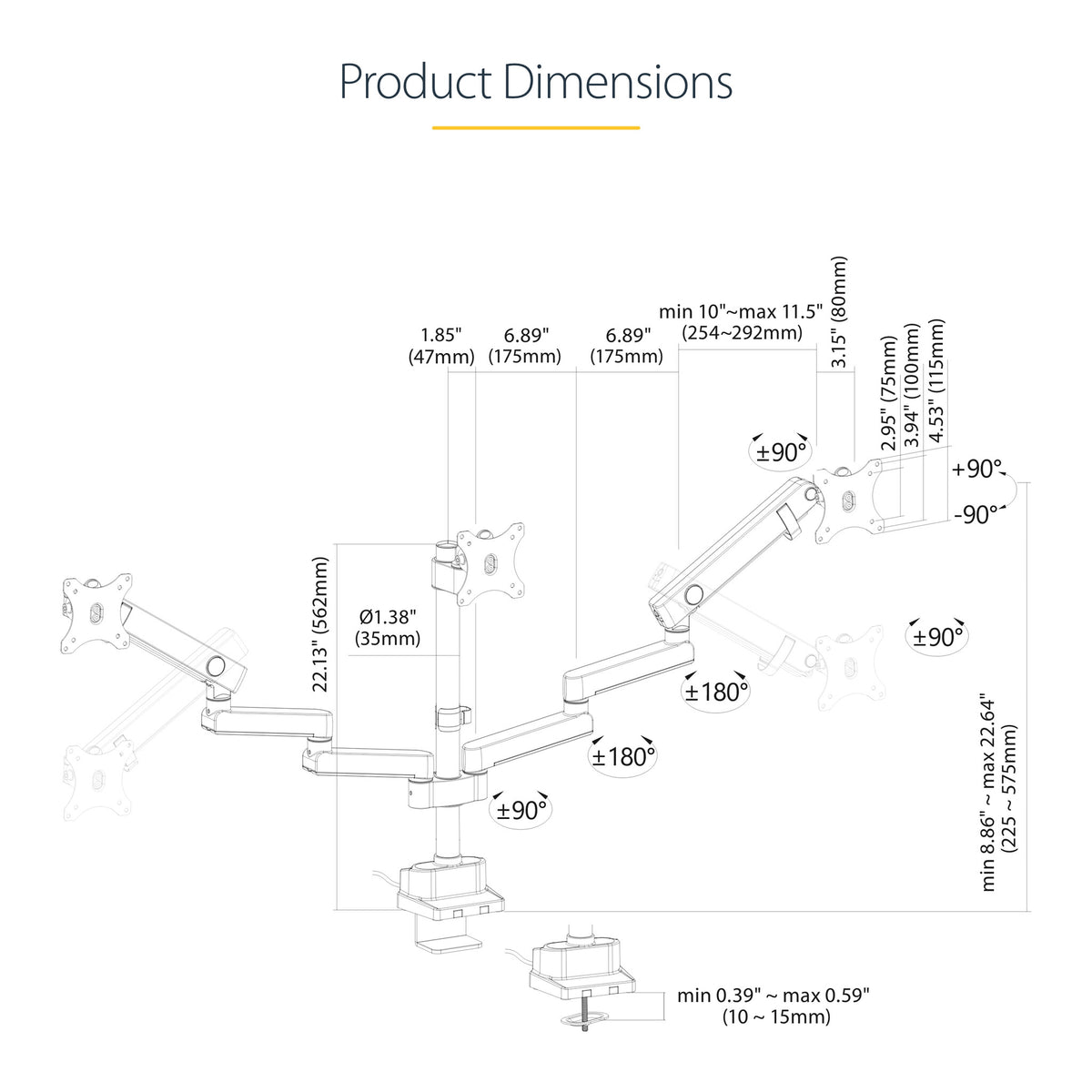 StarTech.com Desk Mount Triple Monitor Arm For Up To Three 27in Screens, VESA 75x75/100x100, Tool-Less Arm Adjustments, C-Clamp/Grommet Mount, Mechanical Spring Arm