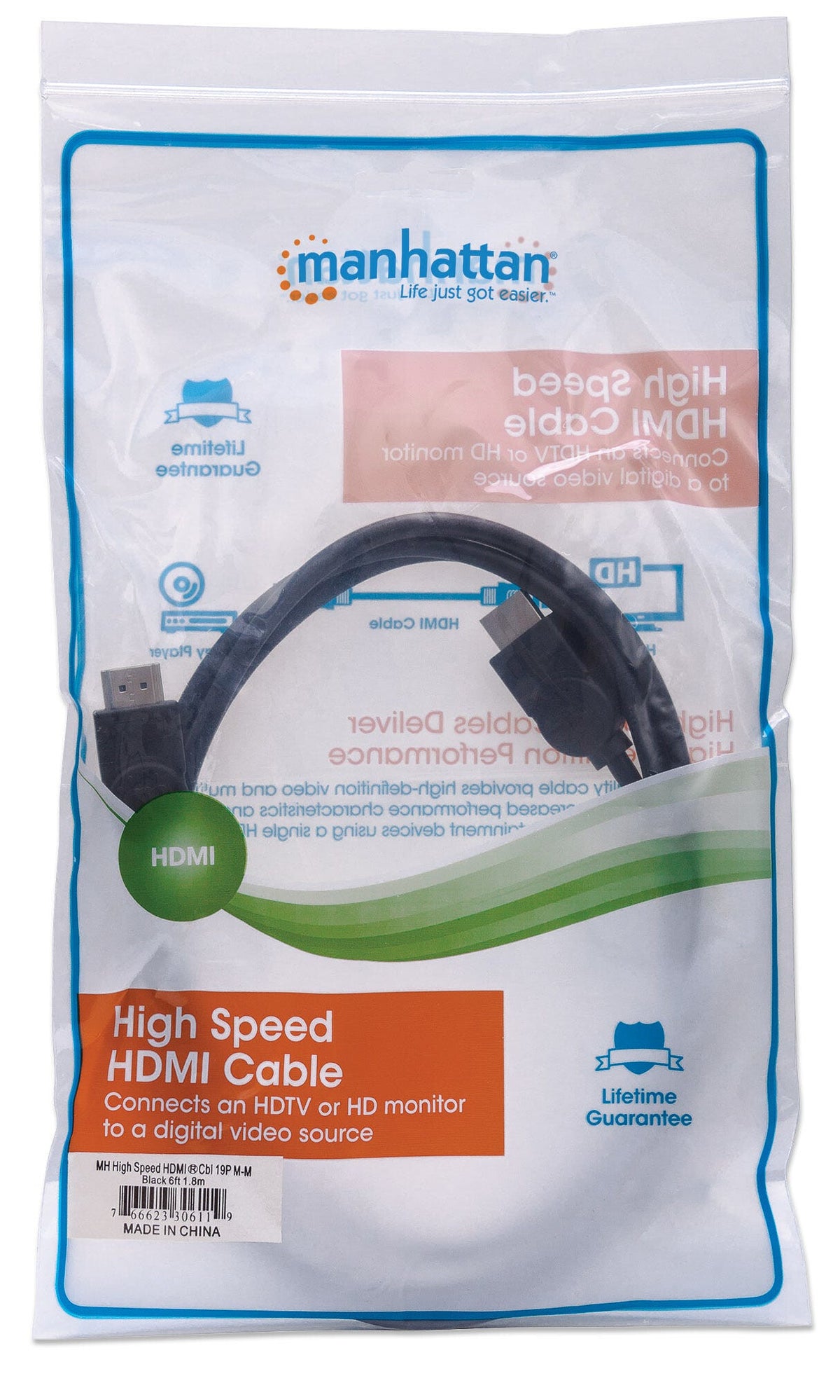 Manhattan HDMI 4K@30Hz Cable, 1.8m, Suitable for ALL 1080p/HD and Majority of 4K Uses (Check Your System 4K Specification to Be Sure), Black, High Speed, Lifetime Warranty, Equivalent to HDMM6