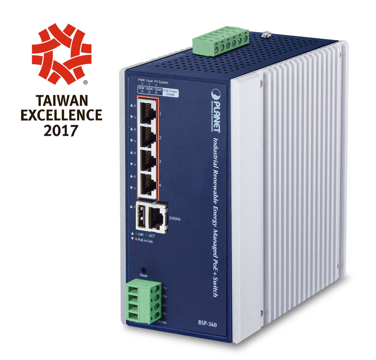 PLANET BSP-360 network switch, Managed, 5-port, Power over Ethernet (PoE), blue and white