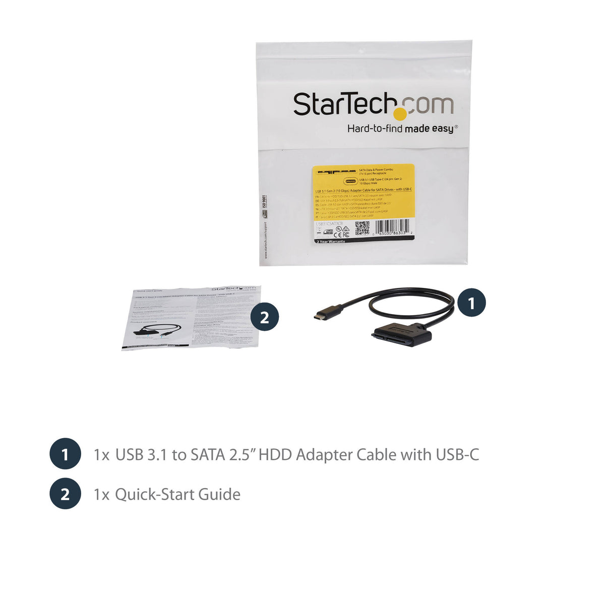 StarTech.com SATA to USB-C Cable, USB 10Gbps to 2.5in SATA I II III Hard Drive Adapter, External Converter for SSD or HDD Data Transfer
