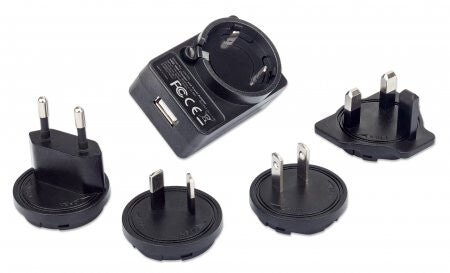 Manhattan Mains USB-A Mobile Device Charger with UK/EU/USA adaptors, Smartphone Charger, Mains Adaptor interchangeable, Three Year Warranty, Black