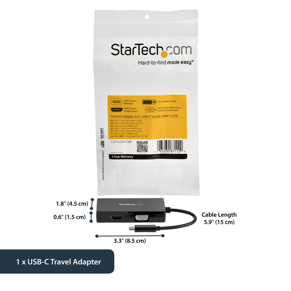 StarTech.com USB-C Multiport Video Adapter - 3-in-1 - 4K 30Hz - Black