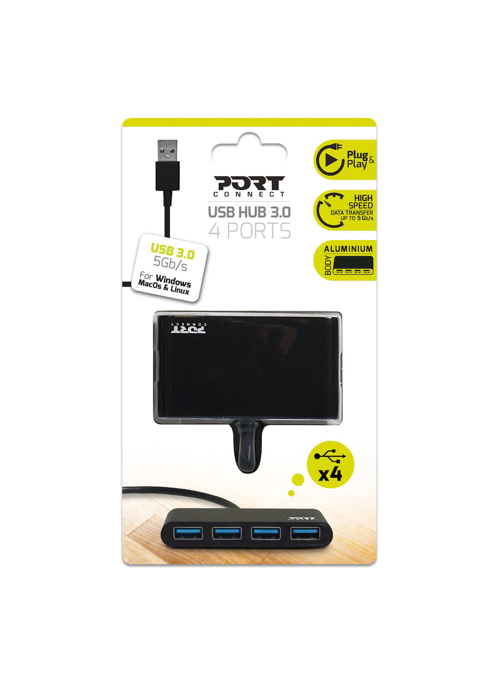 Port Designs 900121 interface hub USB 3.2 Gen 1 (3.1 Gen 1) Type-A 5000 Mbit/s Black