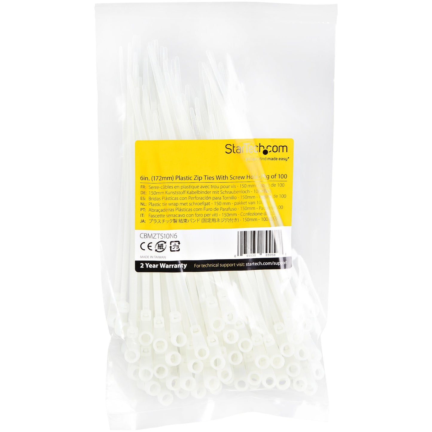 StarTech.com 6"(15cm) Cable Ties with Mounting Hole - 1/8"(3mm) wide, 1-1/2"(40mm) Bundle Dia. 40lb(18kg) Tensile Strength, Nylon 66 Self Locking Ties w/Screw Hole, UL Listed, 100 Pack