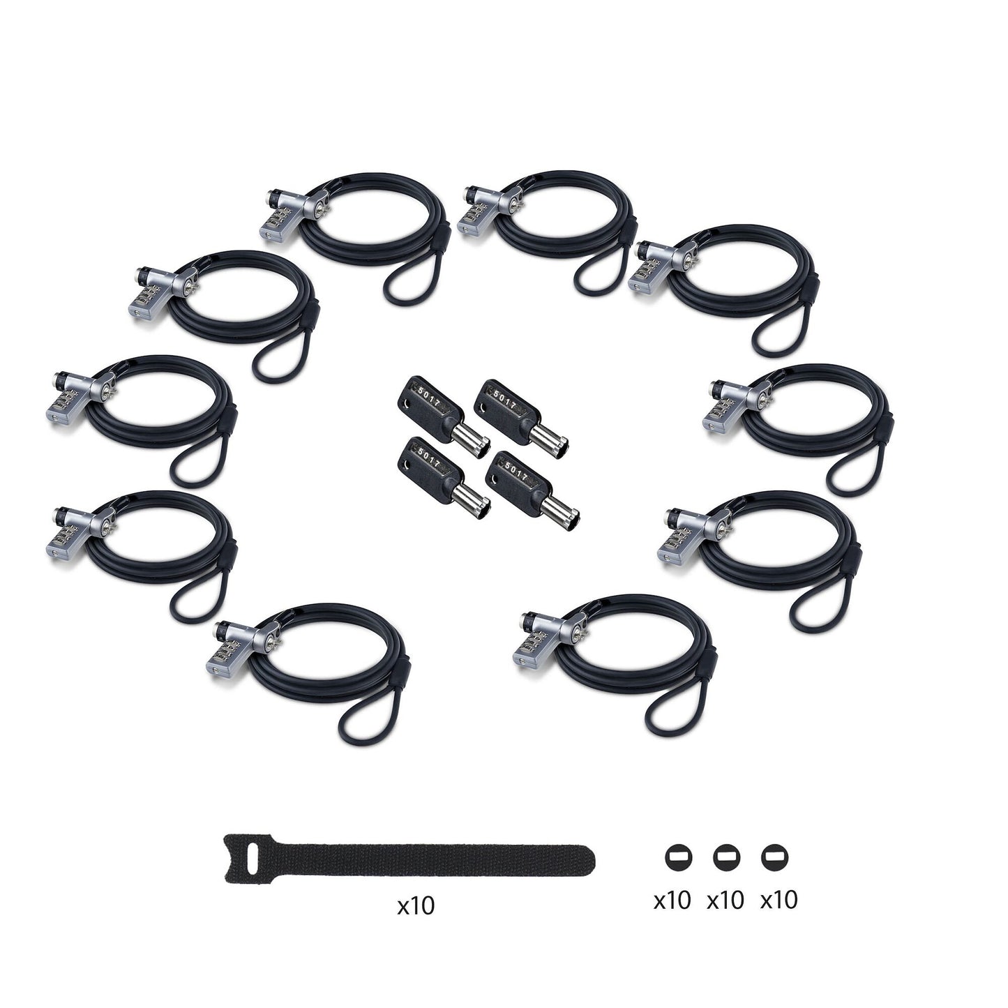 StarTech.com 10-Pack 3-in-1 Dual-Access Laptop Lock, 6.6ft (2m) Keyed Alike/Combination Security Cable Lock for Noble Wedge®/Nano/K-Slot; Anti-Theft, TAA