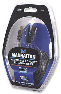 Manhattan USB-A Active Extension Cable, 10m, Male to Female, USB 2.0, 480 Mbps, Hi-Speed USB, Daisy-Chainable, Built-In Repeater, Black, Three Year Warranty, Equivalent to USB2AAEXT10M