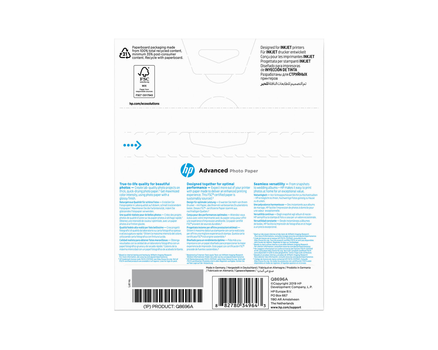 HP Advanced Photo Paper, Glossy, 250 g/m2, 13 x 18 cm (127 x 178 mm), 25 sheets
