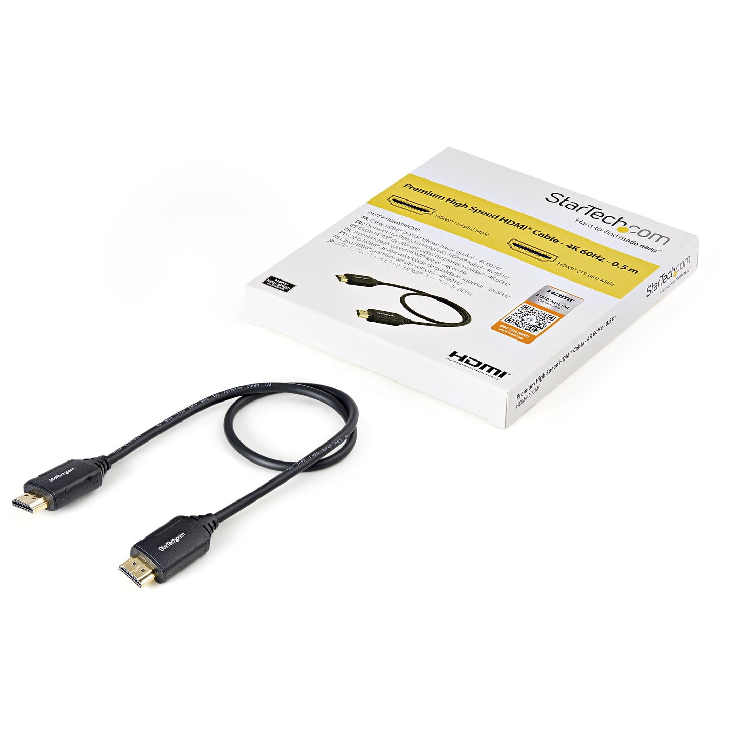 StarTech.com 1.6ft (50cm) Premium Certified HDMI 2.0 Cable with Ethernet - High Speed Ultra HD 4K 60Hz HDMI Cable HDR10 - HDMI Cord (Male/Male Connectors) - For UHD Monitors, TVs, Displays