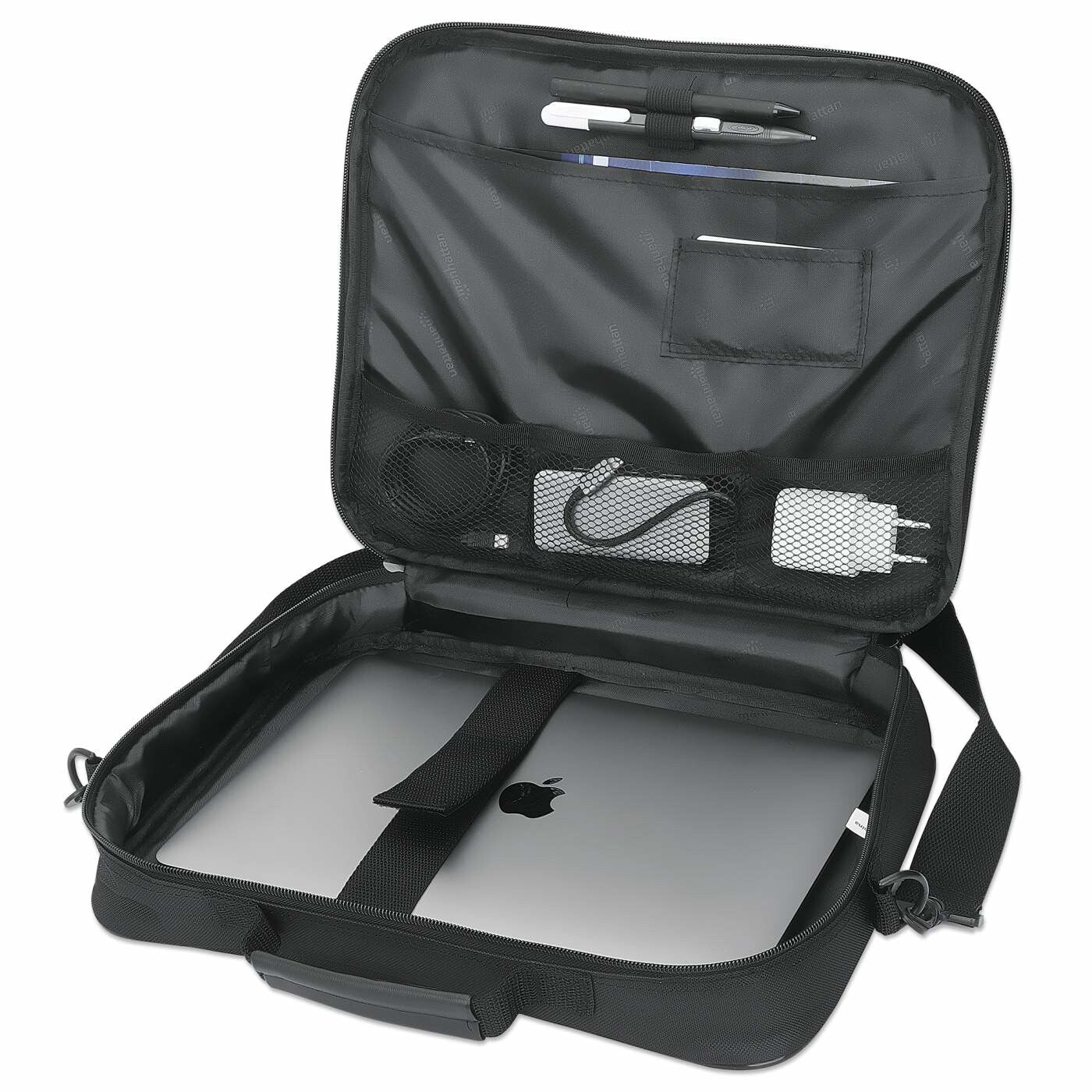 Manhattan Cambridge Laptop Bag 14.1", Clamshell Design, Black, LOW COST, Accessories Pocket, Document Compartment on Back, Shoulder Strap (removable), Notebook Case, Three Year Warranty