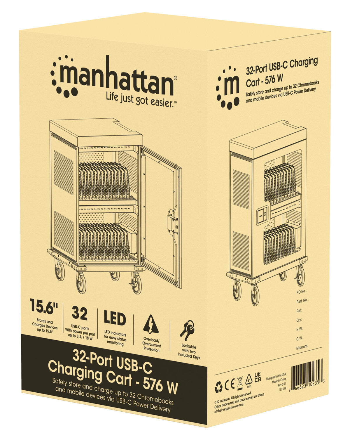 Manhattan iPad to 13", MacBook Air to 15" & Chromebook 16" 32-bay Charging Trolley/Cart via USB-C, Also other tablets/smartphones (with device to USB-C cable), Bays 404x27.6x283mm,Device charging cables not included (suggest USB-C cable 354868),Cabinet