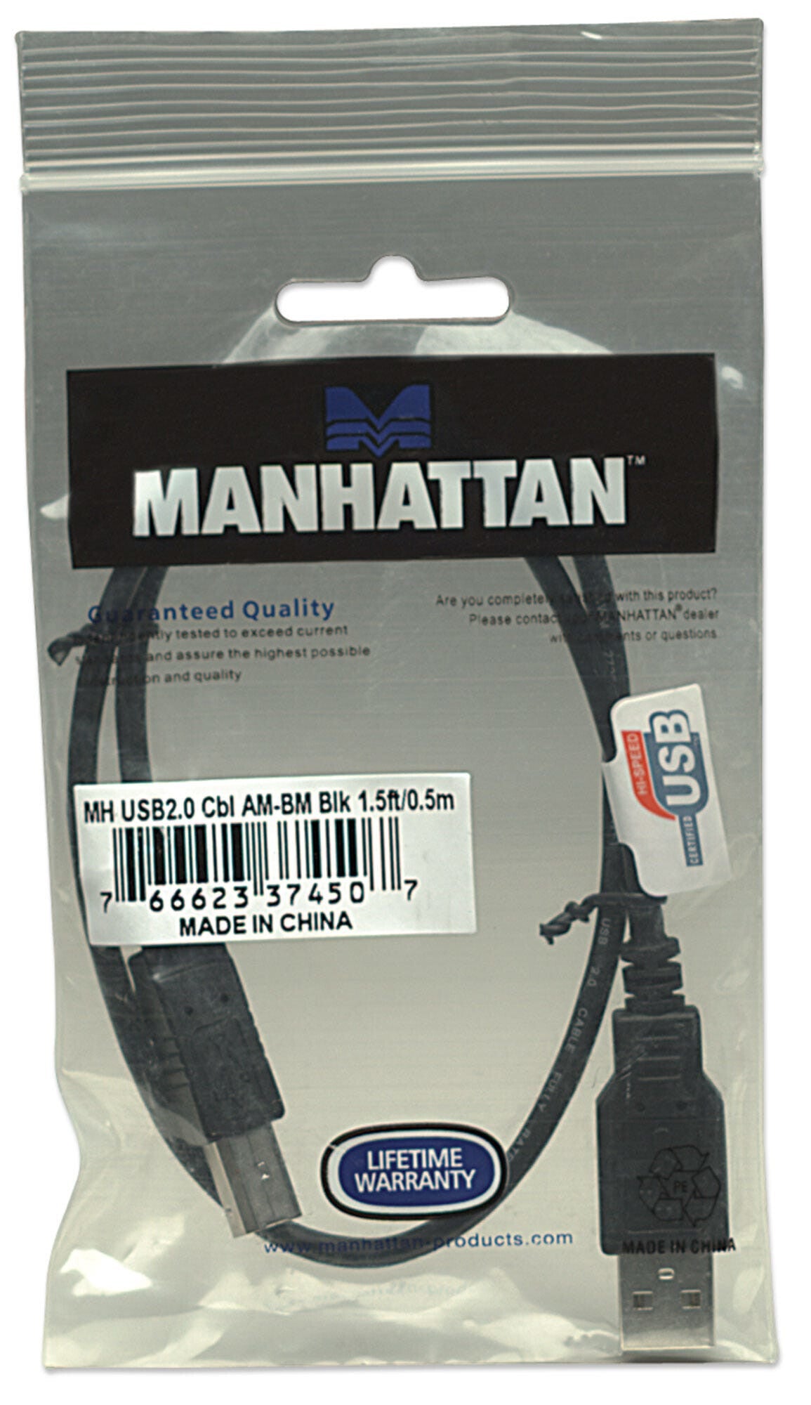 Manhattan USB-A to USB-B Cable, 0.5m, USB 2.0, 480 Mbps, Hi-Speed USB, Black, Lifetime Warranty, Equivalent to USB2HAB50CM