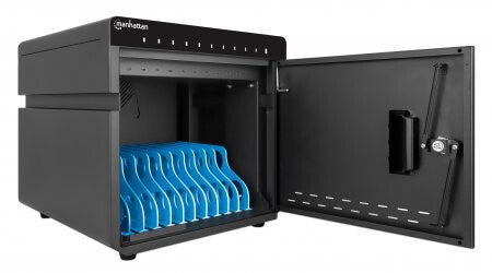 Manhattan iPad to 11" 10-bay Charging Cabinet Desktop via USB-C, Also other tablets and smartphones (with device to USB-C cable), Bays 264x22x235mm, Device charging cables not included (suggest USB-C cable 354868), Cart, Lockable, EU/UK power cords