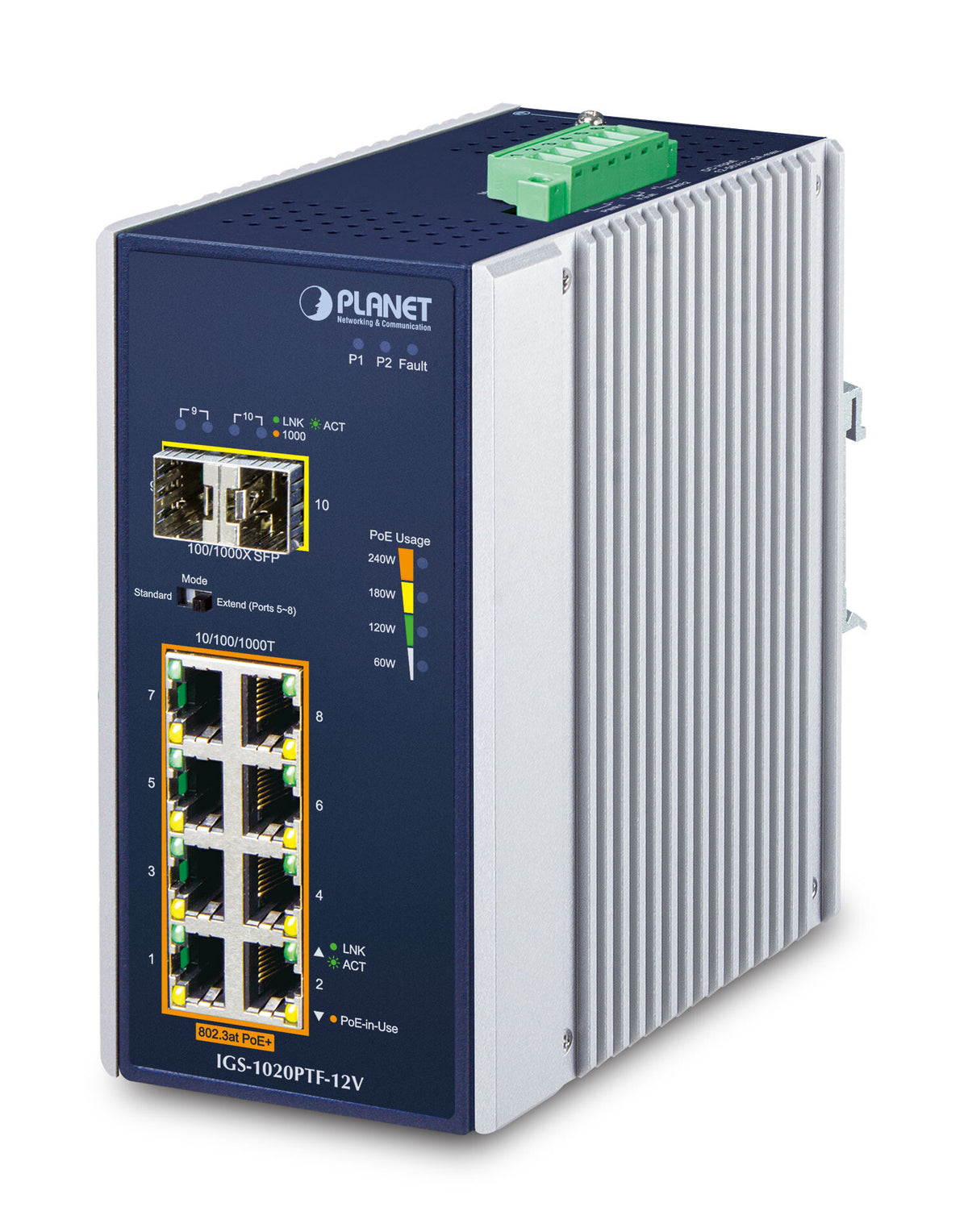 PLANET IP30 Ind 8-P 10/100/1000T network switch, Unmanaged, 8-port, Power over Ethernet (PoE), blue and white
