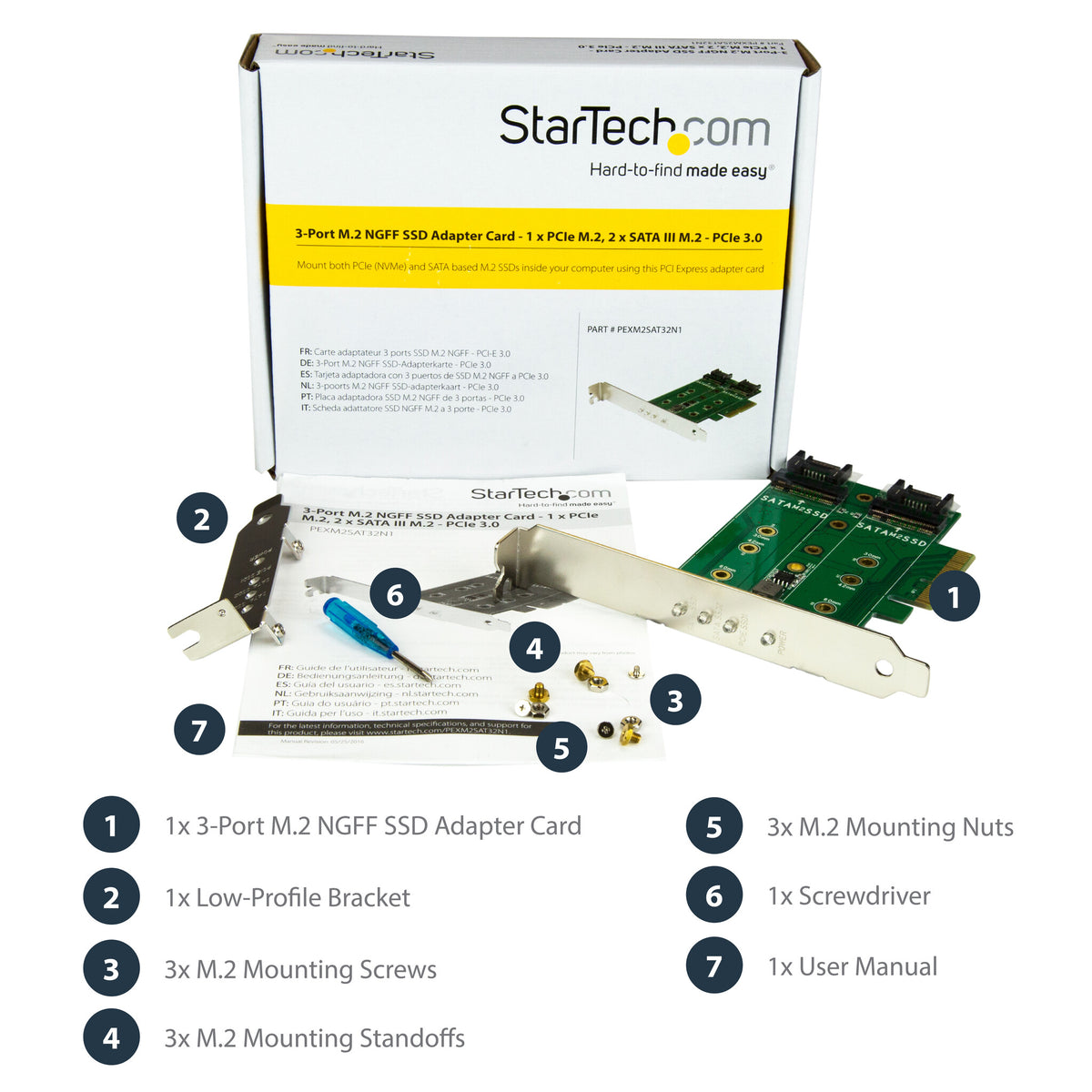 StarTech.com 3-Port M.2 SSD (NGFF) Adapter Card - 1 x PCIe (NVMe) M.2, 2 x SATA III M.2 - PCIe 3.0 - TAA